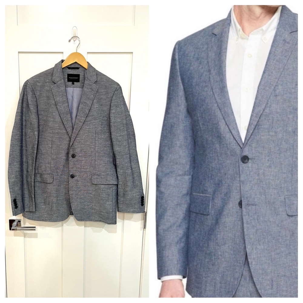 BR | Linen Modern Slim Fit Blue Chambray Oxford Suit Jacket Blazer 40 Banana
